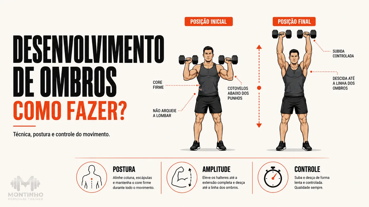 Arte da capa: guia do desenvolvimento de ombros com halteres, posição inicial e final, core firme, cotovelos abaixo dos punhos e alerta para não arquear a lombar — desenvolvimento de ombros: como fazer, técnica e controle — Personal por Perto