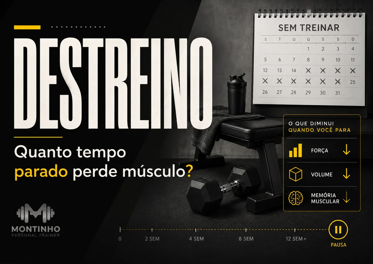 Capa do artigo Destreino: calendário marcado com semanas sem treinar ao lado do banco com halteres e do painel do que diminui na pausa — força, volume e memória muscular — Personal por Perto