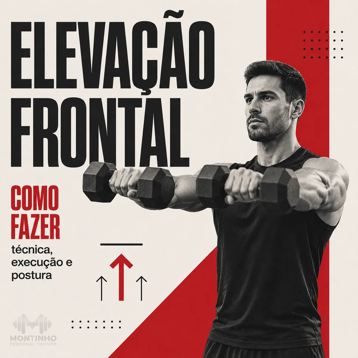 Arte da capa: homem executando a elevação frontal com halteres na altura dos ombros, com as setas do movimento — elevação frontal: como fazer, técnica, execução e postura — Personal por Perto