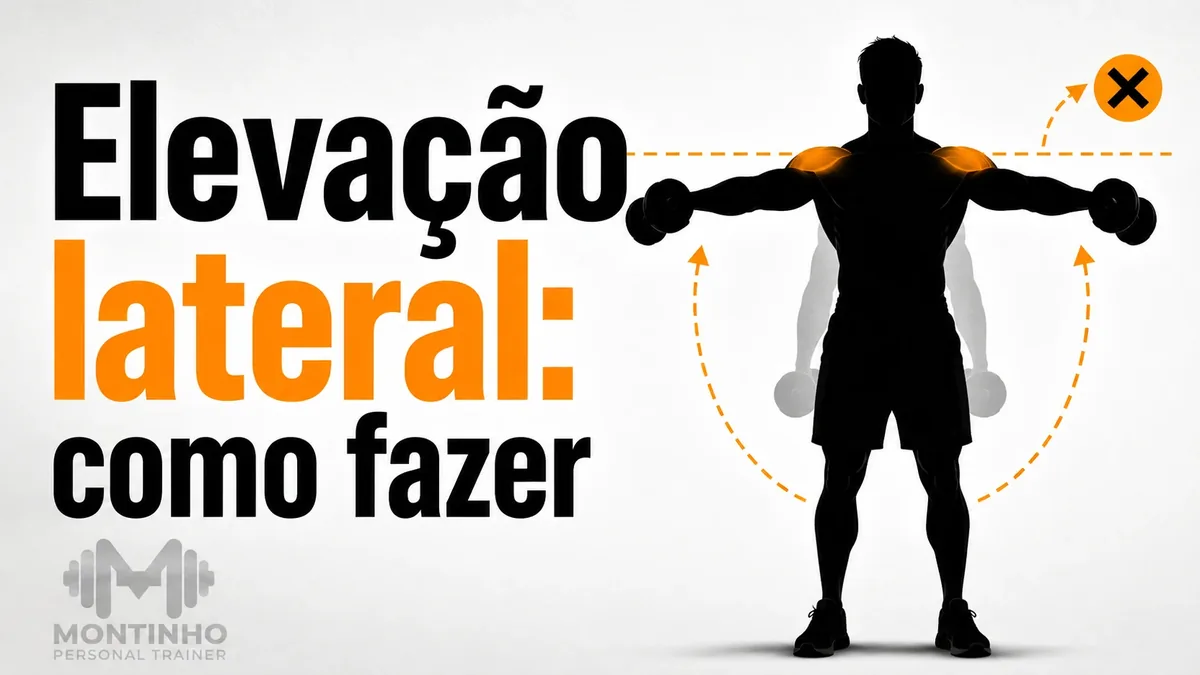 Arte da capa: silhueta executando elevação lateral com halteres, com os deltoides destacados e a trajetória correta até a linha dos ombros — elevação lateral: como fazer — Personal por Perto