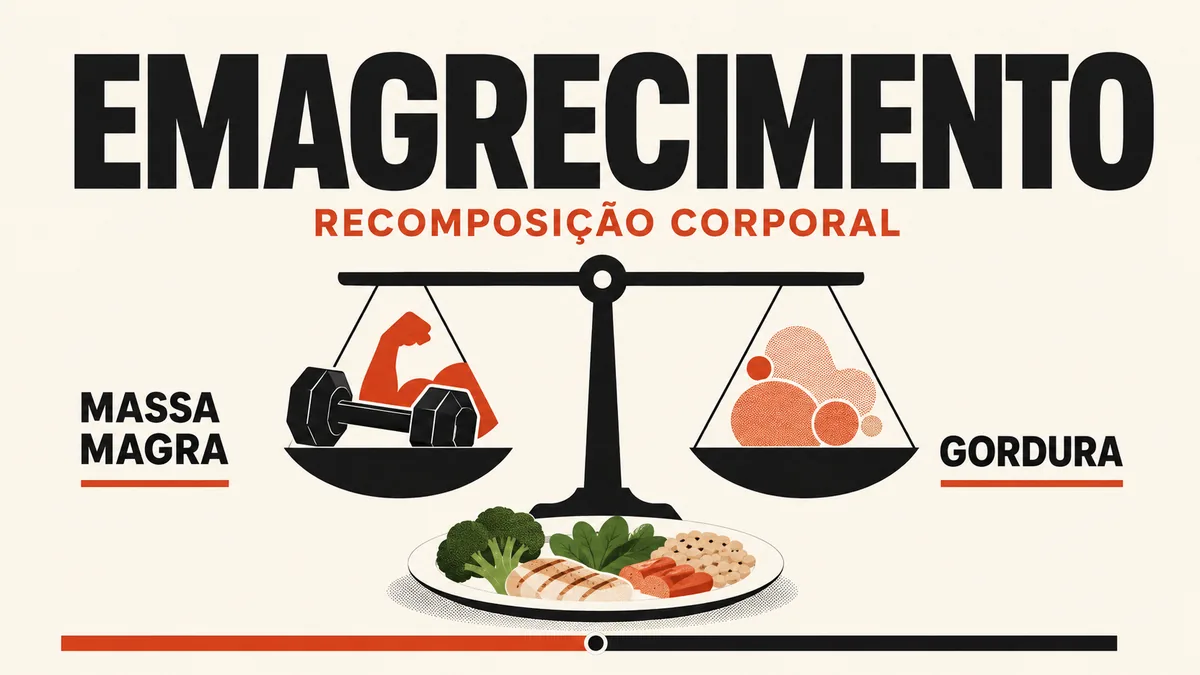 Arte da capa: balança de pratos equilibrando massa magra e gordura, com halter, prato de comida de verdade e a legenda recomposição corporal — emagrecimento — Personal por Perto