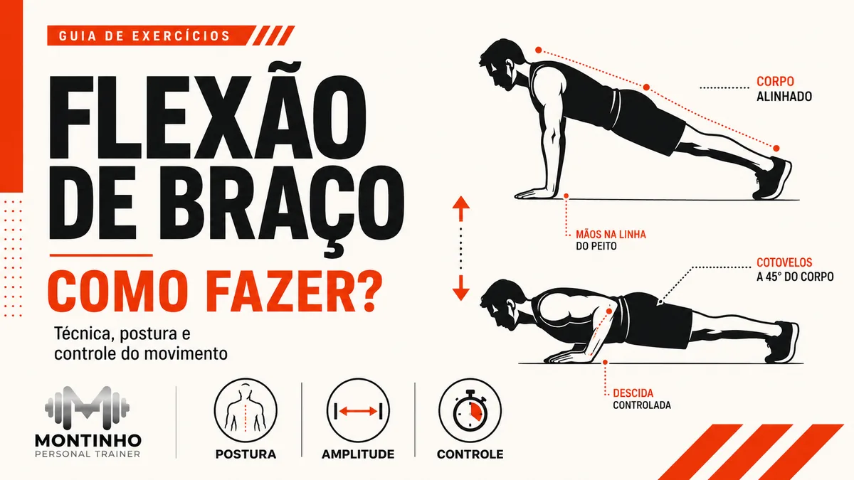 Arte da capa: guia da flexão de braço com corpo alinhado, mãos na linha do peito, cotovelos a 45 graus do corpo e descida controlada — flexão de braço: como fazer, técnica, postura e controle — Personal por Perto