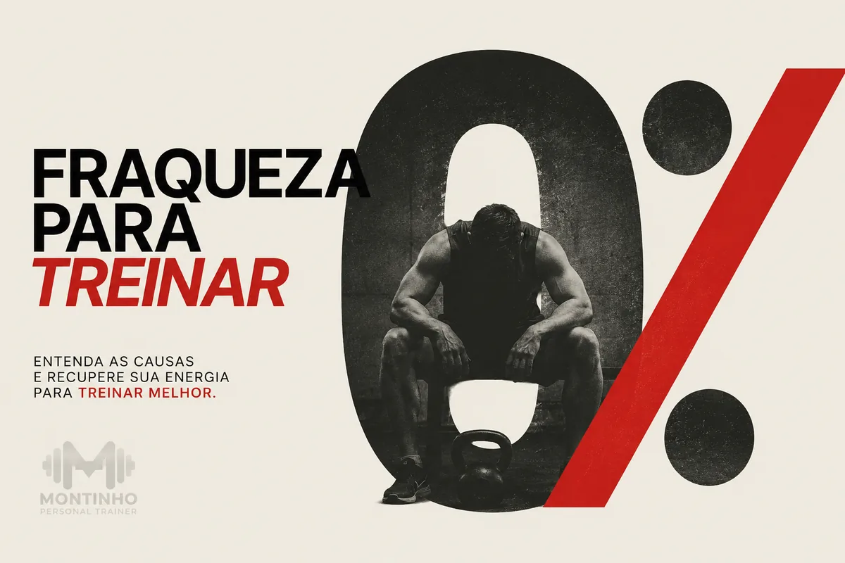 Arte da capa: atleta sentado com a cabeça baixa diante de um 0% — fraqueza para treinar, causas e como recuperar a energia — Personal por Perto