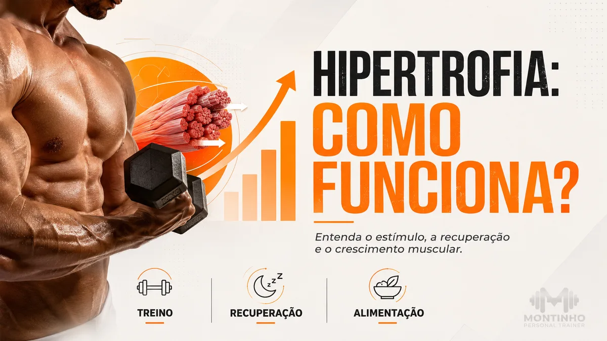 Homem em treino de força com halter, fibras musculares e gráfico de crescimento, ilustrando o guia sobre como funciona a hipertrofia — Personal por Perto