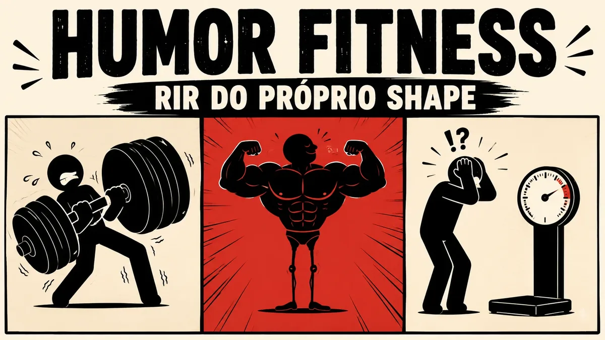 Arte da capa: três quadrinhos em estilo HQ com cenas de academia — o agachamento pesado, a pose de duplo bíceps e o susto na balança — humor fitness: rir do próprio shape — Personal por Perto