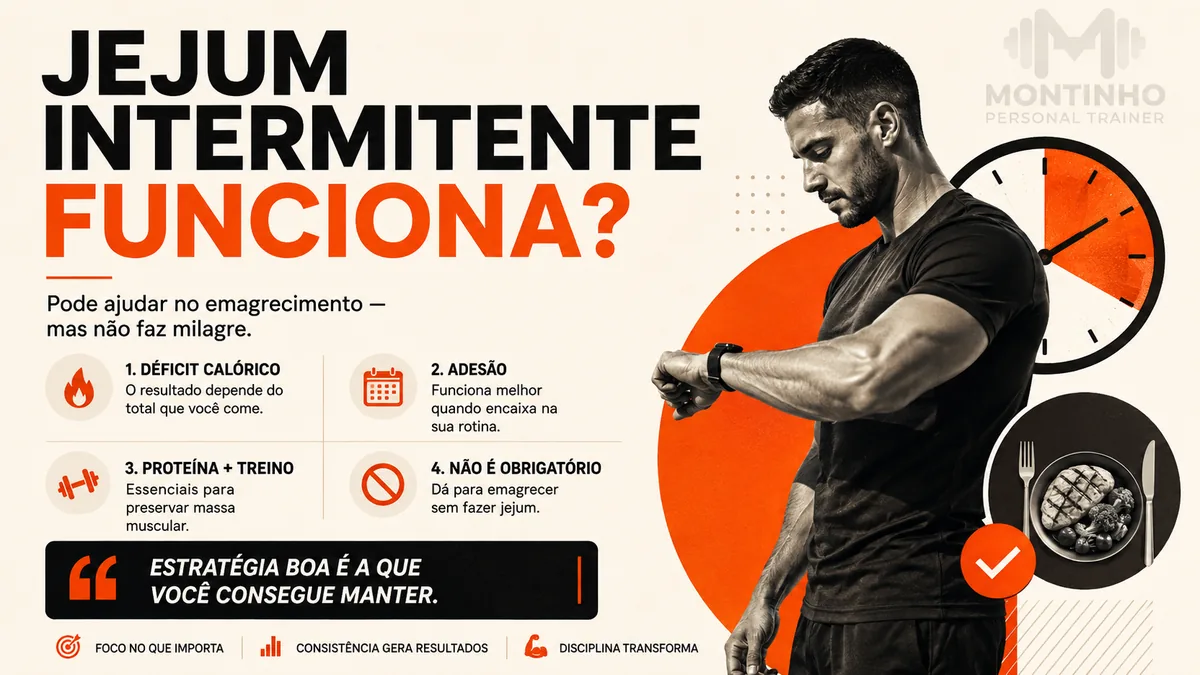 Arte da capa: homem olhando o relógio ao lado de um mostrador com janela de alimentação e dos pontos déficit calórico, adesão, proteína e treino — jejum intermitente funciona para emagrecer? — Personal por Perto