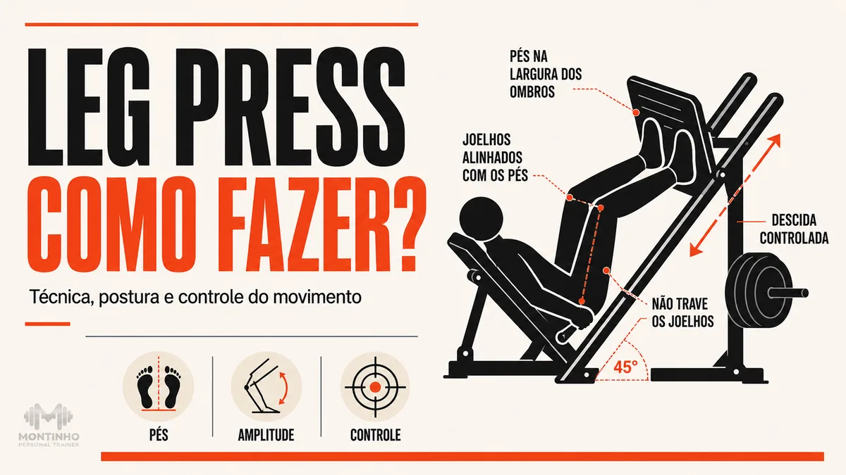 Arte da capa: silhueta no leg press 45° com marcações de pés na largura dos ombros, joelhos alinhados, descida controlada e alerta para não travar os joelhos — leg press: como fazer, técnica e amplitude — Personal por Perto