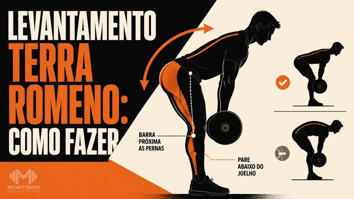 Arte da capa: silhueta no levantamento terra romeno com o posterior de coxa destacado, barra próxima às pernas e o alerta de parar abaixo do joelho — levantamento terra romeno: como fazer — Personal por Perto