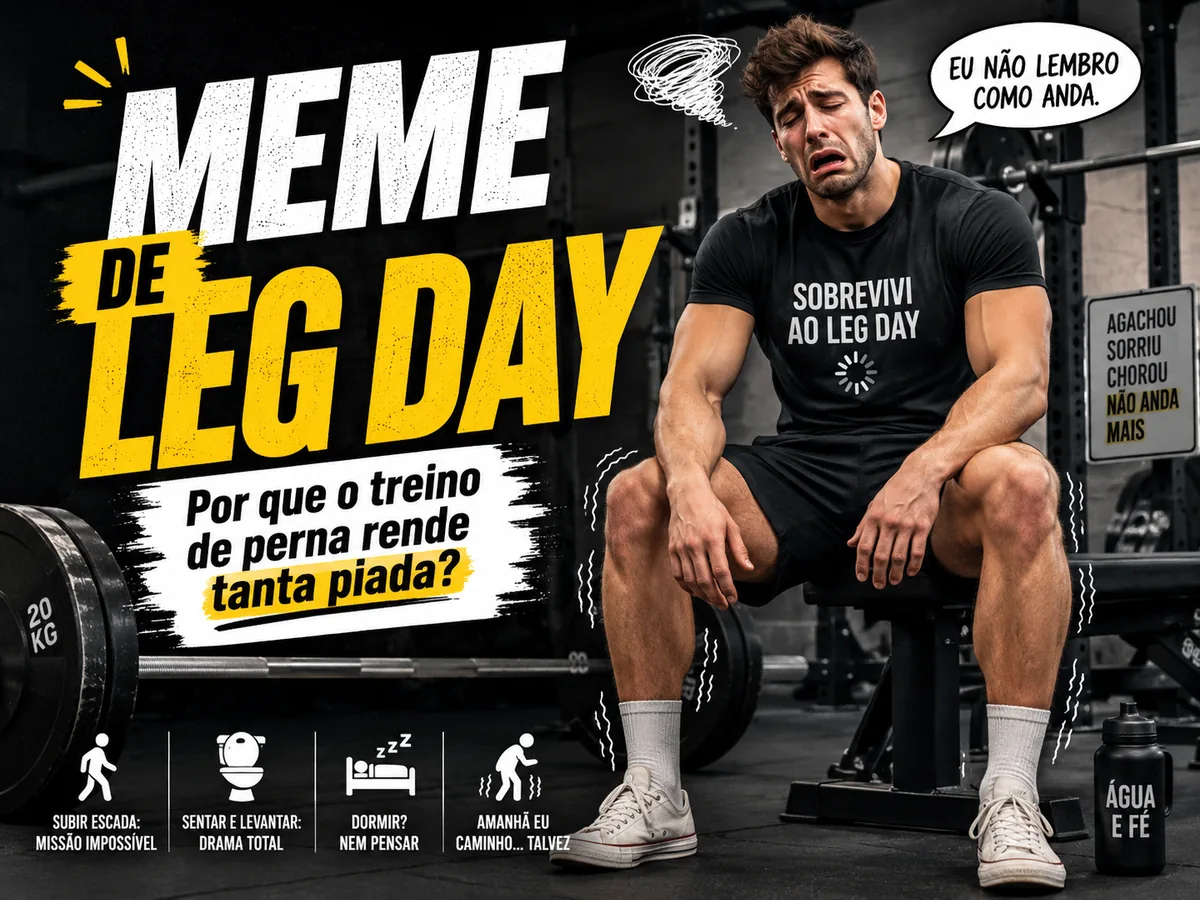 Arte da capa: sobrevivente do leg day sem conseguir levantar do banco — por que o treino de perna rende tanta piada — Personal por Perto