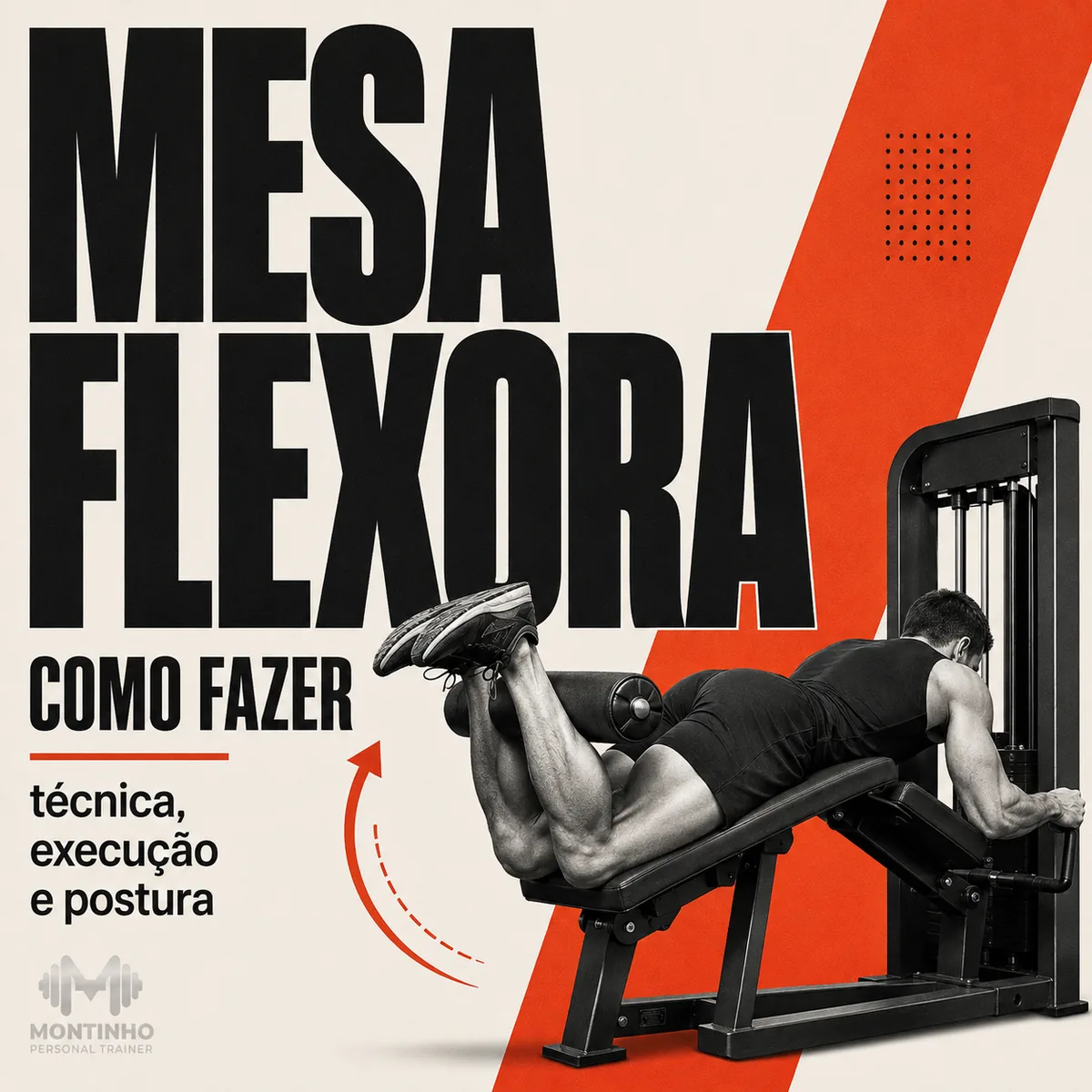 Arte da capa: homem deitado na mesa flexora executando a flexão de joelhos, com a seta da trajetória do movimento — mesa flexora: como fazer, técnica, execução e postura — Personal por Perto