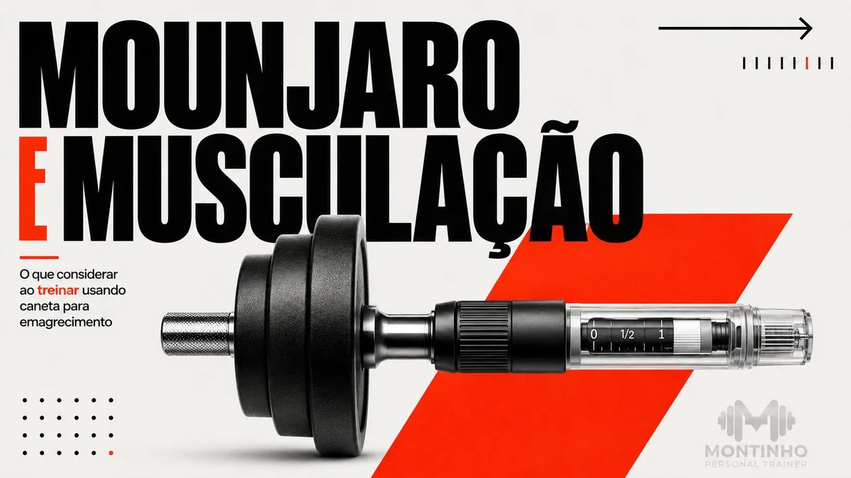 Arte da capa: halter fundido a uma caneta de aplicação — Mounjaro e musculação, o que considerar ao treinar usando caneta para emagrecimento — Personal por Perto