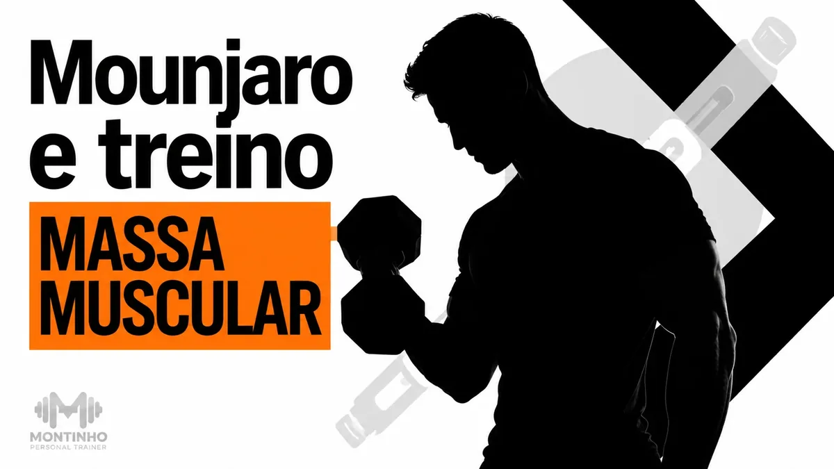 Arte da capa: silhueta segurando um halter ao lado da palavra massa muscular em destaque — Mounjaro e treino: musculação e preservação de massa muscular — Personal por Perto