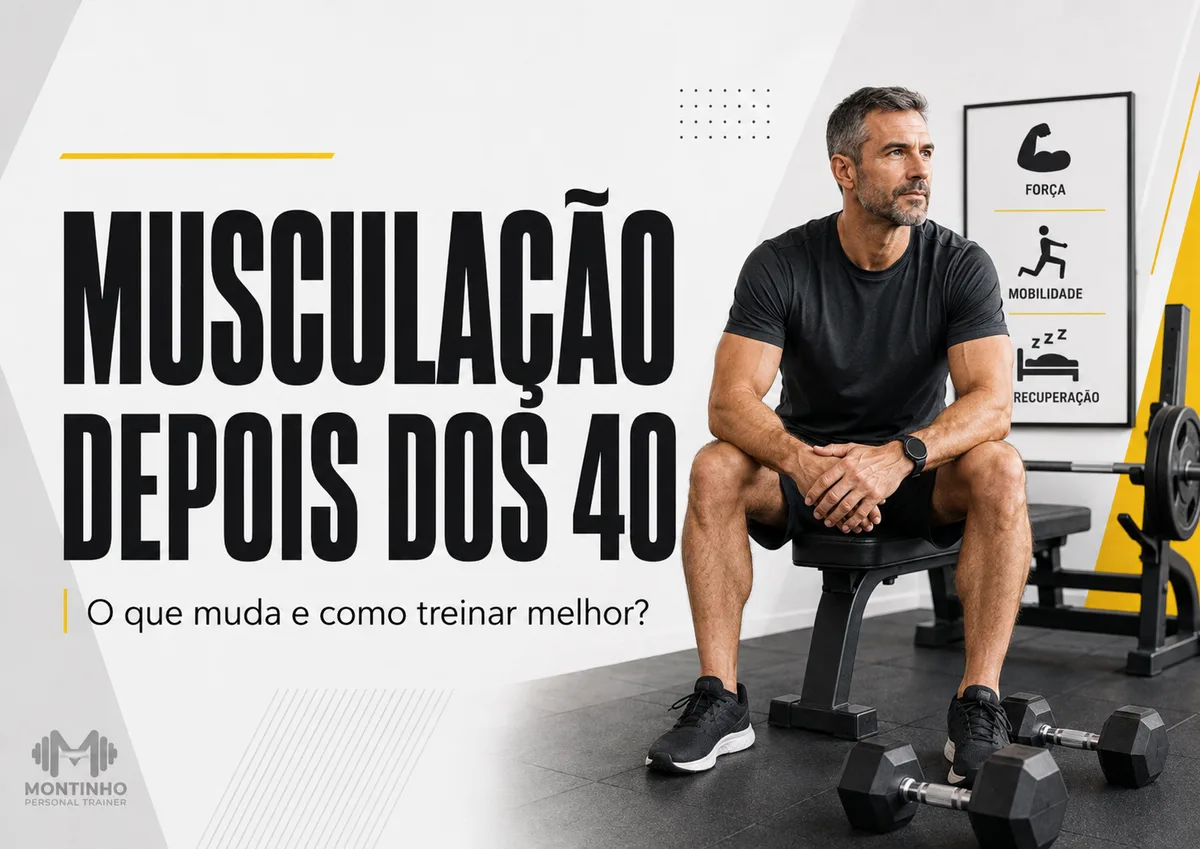 Capa do artigo Musculação depois dos 40: homem grisalho sentado no banco de treino com halteres aos pés, ao lado do quadro com força, mobilidade e recuperação — Personal por Perto