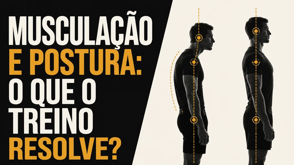 Arte da capa: duas silhuetas de perfil comparadas por um eixo vertical — uma com ombros à frente e outra alinhada — musculação e postura: o que o treino resolve — Personal por Perto