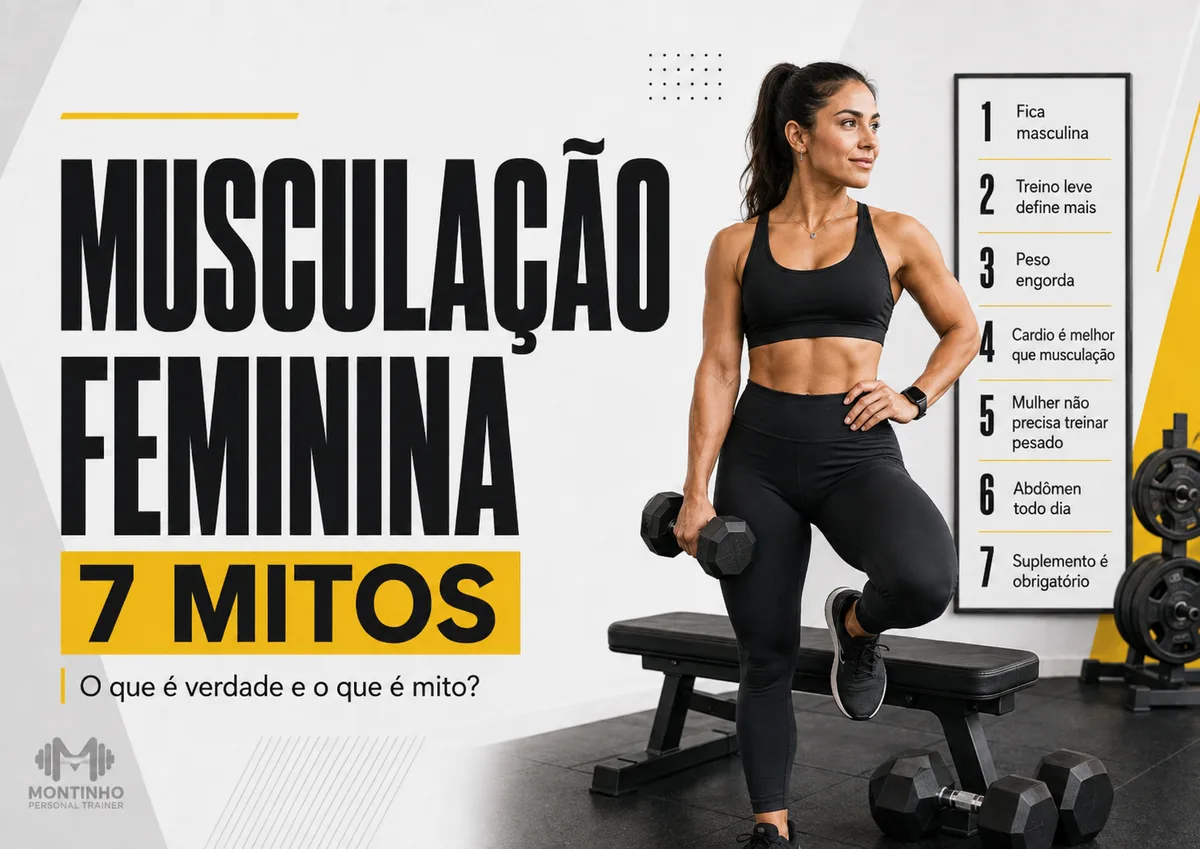 Capa do artigo Musculação feminina — 7 mitos: mulher treinando avanço com halter na academia, ao lado da lista dos sete mitos mais comuns sobre treino de força feminino — Personal por Perto