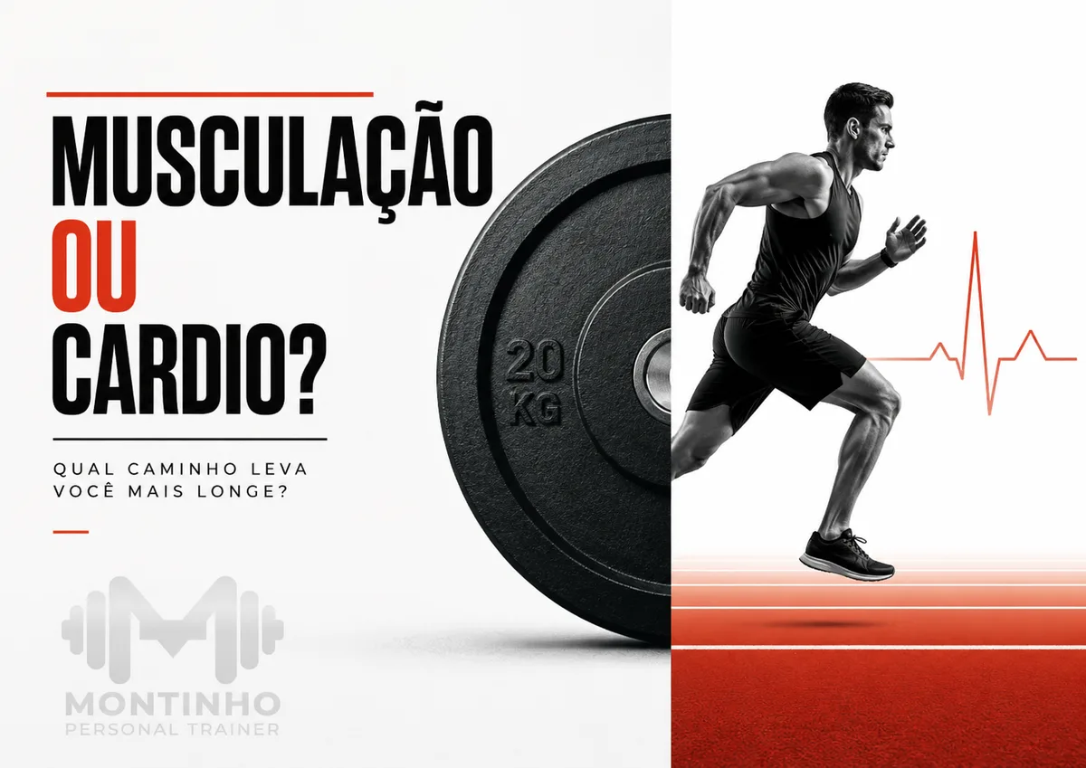 Arte dividida entre uma anilha de 20 kg e um corredor em movimento sobre linha de batimentos cardíacos, capa do artigo Musculação ou cardio — Personal por Perto