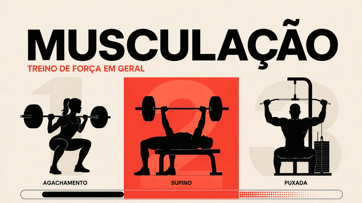 Arte da capa: três silhuetas executando agachamento, supino e puxada, numeradas de um a três — musculação: treino de força em geral — Personal por Perto