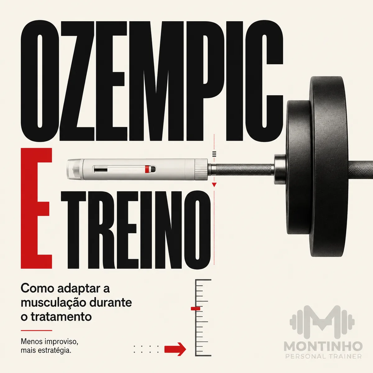 Arte da capa: caneta de aplicação alinhada a uma barra com anilha, formando um único eixo — Ozempic e treino: como adaptar a musculação durante o tratamento — Personal por Perto