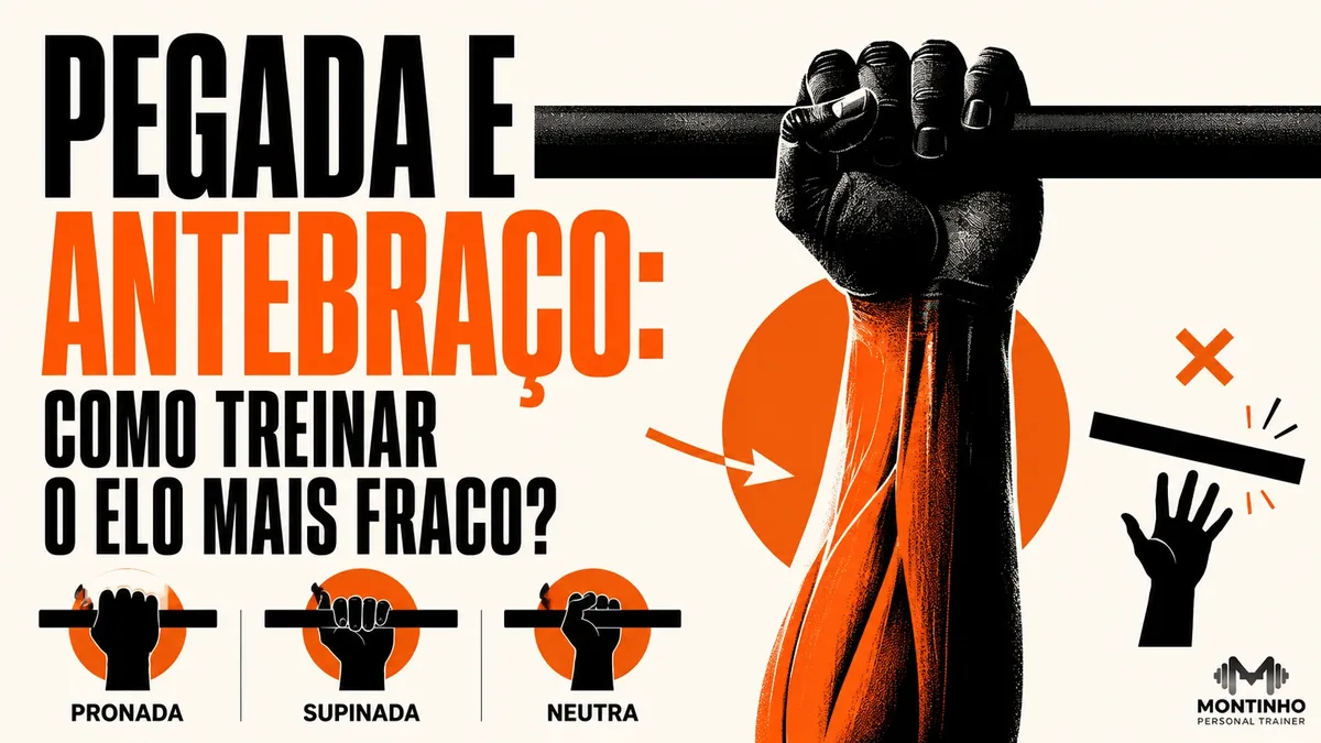 Arte da capa: mão fechada segurando a barra com o antebraço destacado, ao lado dos três tipos de pegada — pronada, supinada e neutra — pegada e antebraço: como treinar o elo mais fraco — Personal por Perto