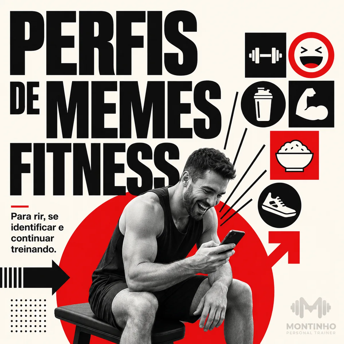 Arte da capa: homem rindo do celular cercado por ícones de halter, coqueteleira, marmita e tênis — perfis de memes fitness: para rir, se identificar e continuar treinando — Personal por Perto