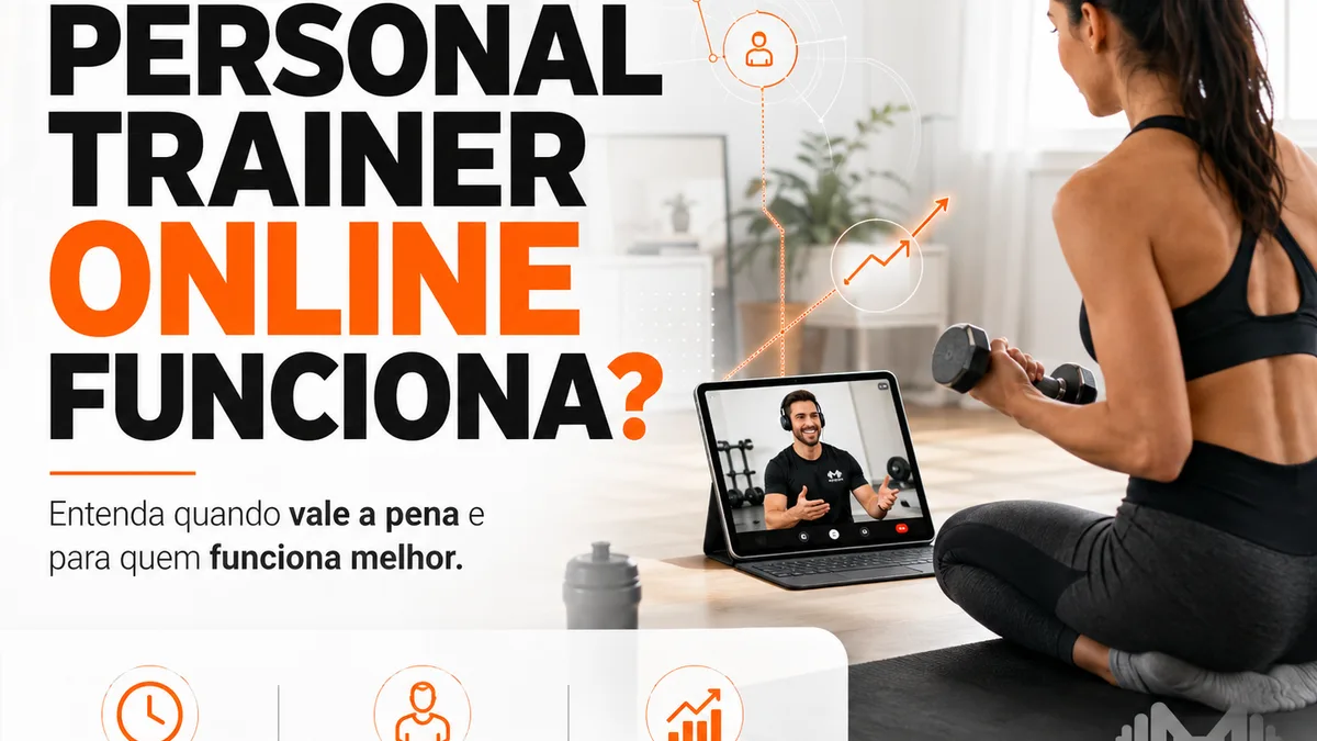 Mulher treinando em casa com halter durante uma videochamada com o personal trainer no tablet, ilustrando o guia sobre personal trainer online — Personal por Perto