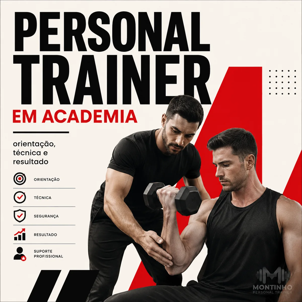 Arte da capa: personal trainer corrigindo a execução de um aluno com halter, ao lado dos itens orientação, técnica, segurança, resultado e suporte profissional — personal trainer em academia — Personal por Perto