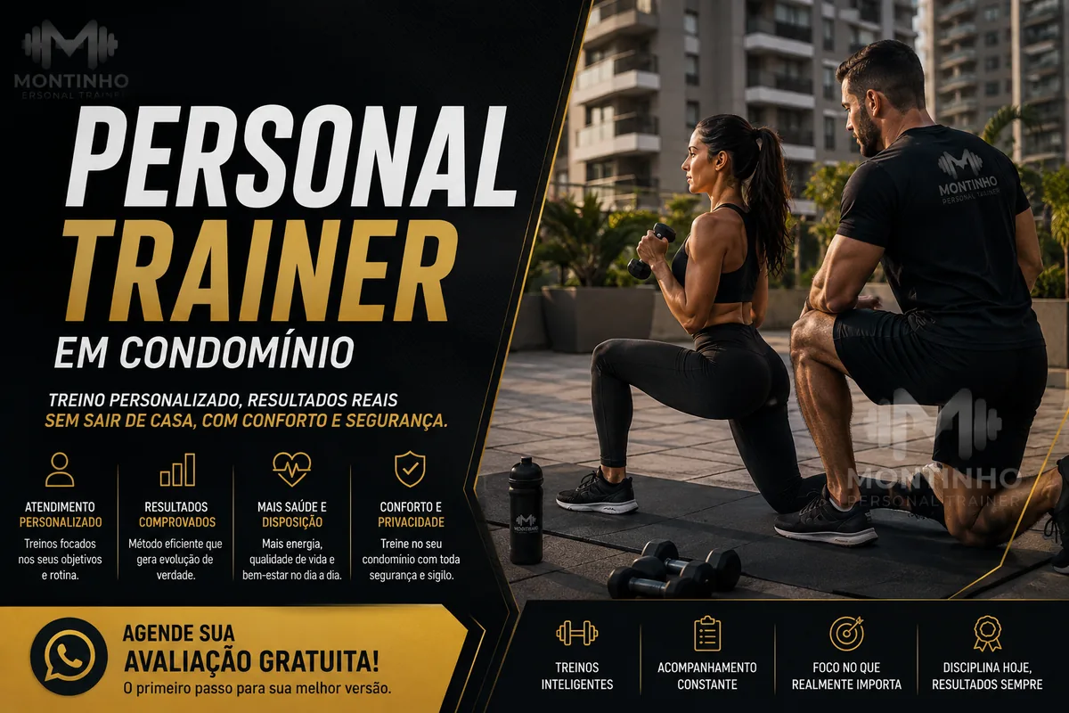Personal trainer orientando aluna em afundo com halteres no espaço de lazer de um condomínio, com os destaques atendimento personalizado, resultados, disposição e privacidade — Personal por Perto
