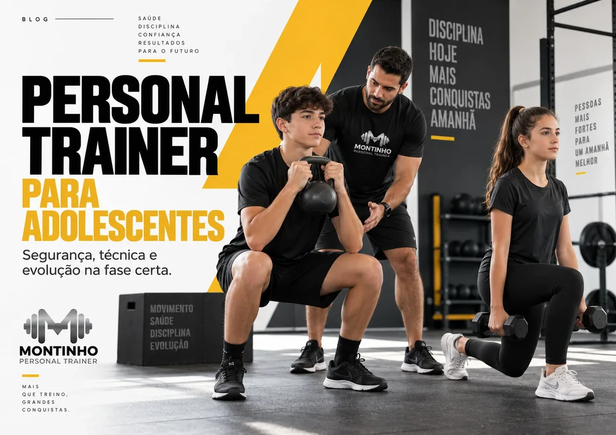 Arte da capa: personal trainer orientando dois adolescentes em exercícios com kettlebell e halteres na academia — personal trainer para adolescentes: segurança, técnica e evolução na fase certa — Personal por Perto