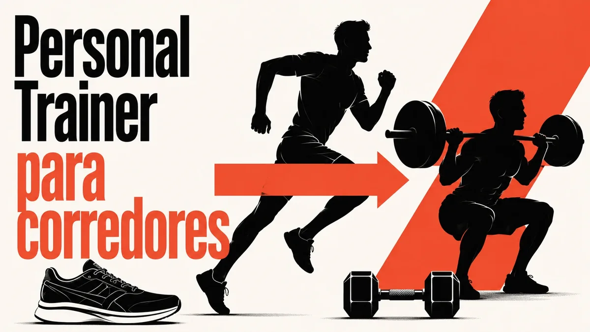 Arte da capa: corredor em passada ao lado de um agachamento com barra, tênis de corrida e halteres — personal trainer para corredores: treino de força que sustenta a corrida — Personal por Perto