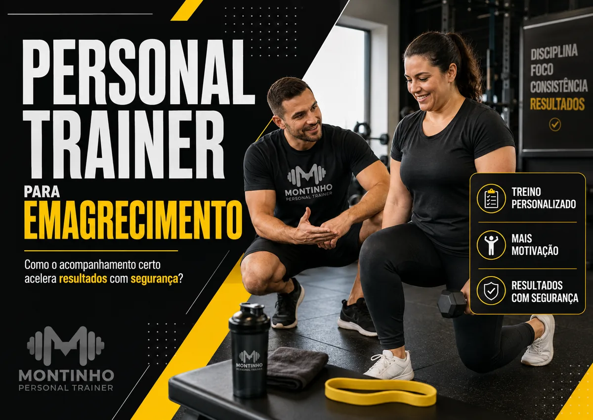 Personal trainer orientando aluna em treino de emagrecimento com halteres na academia, com os destaques treino personalizado, motivação e resultados com segurança — Personal por Perto
