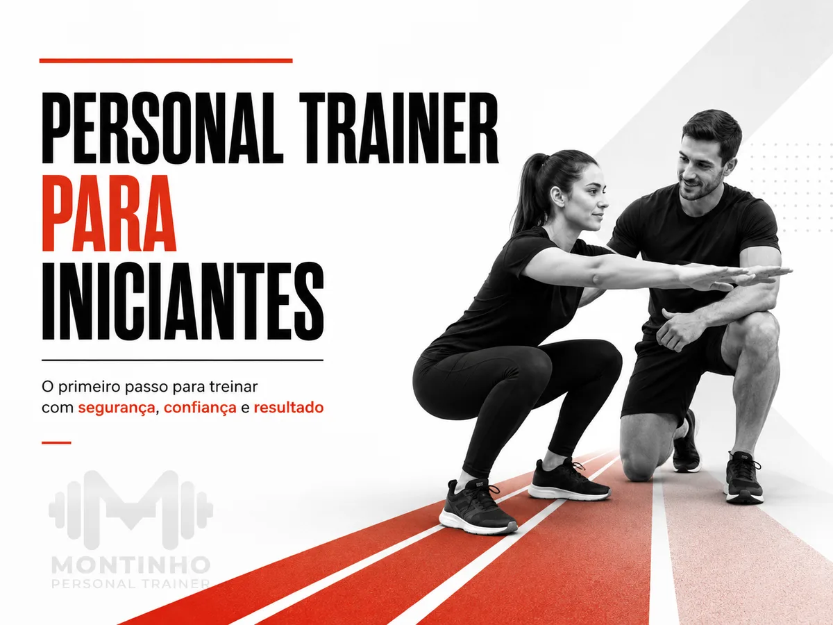 Arte com personal trainer orientando aluno iniciante em treino de força, capa do guia Personal trainer para iniciantes — Personal por Perto