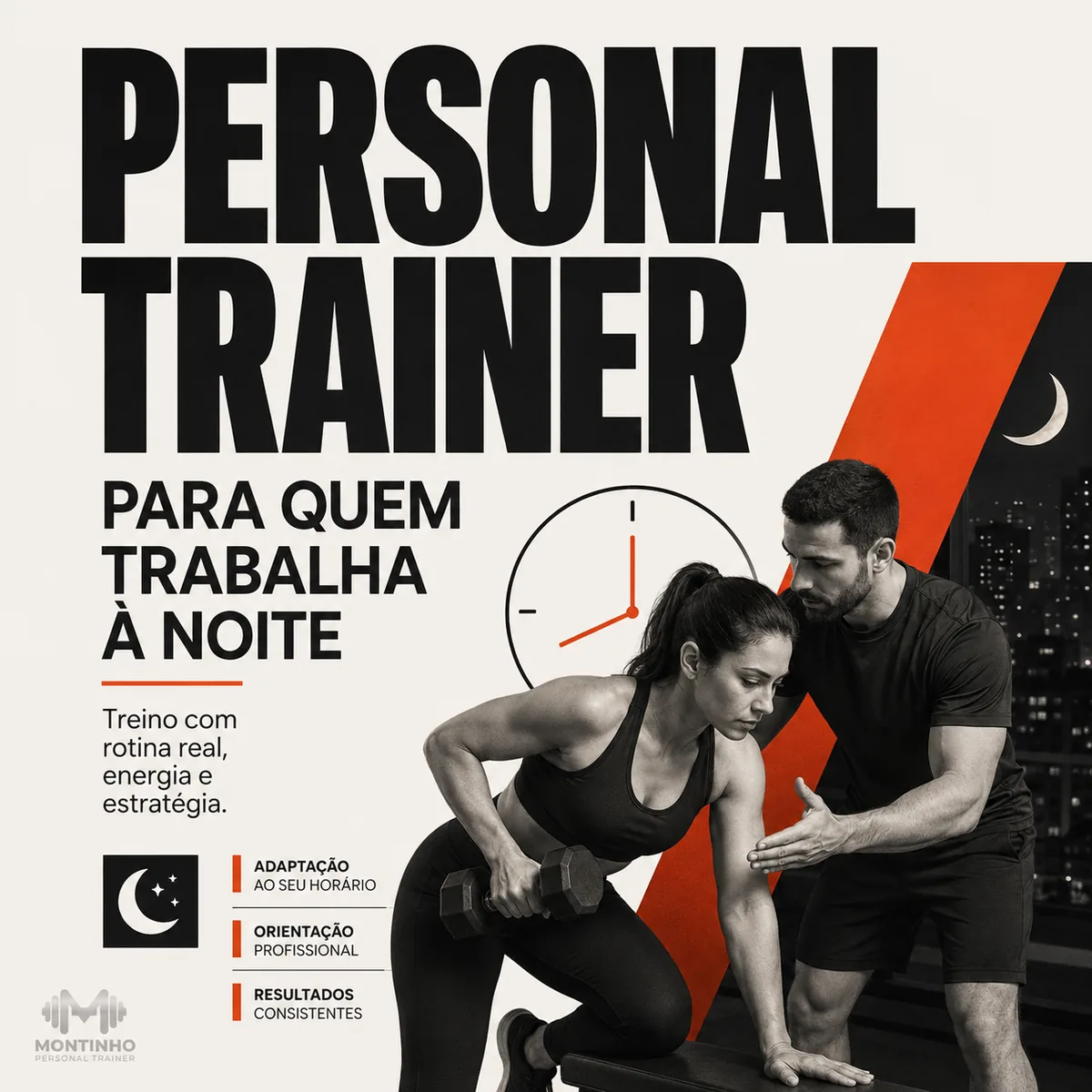 Arte da capa: personal orientando uma aluna em treino noturno, com relógio, lua e os pontos adaptação ao seu horário, orientação profissional e resultados consistentes — personal trainer para quem trabalha à noite — Personal por Perto