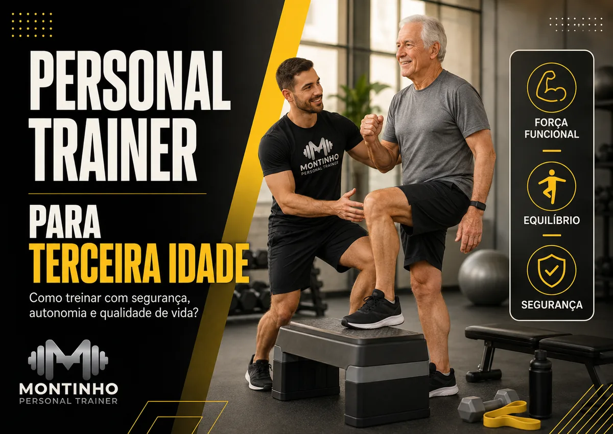 Personal trainer acompanhando aluno idoso em exercício de step na academia, com os destaques força funcional, equilíbrio e segurança — Personal por Perto