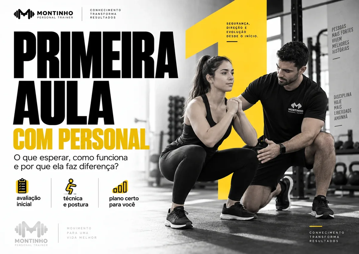 Arte da capa: personal trainer corrigindo a postura de uma aluna no agachamento, ao lado dos pontos avaliação inicial, técnica e postura e plano certo para você — primeira aula com personal trainer: o que esperar — Personal por Perto