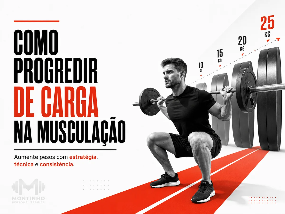 Ilustração com anilhas e barra de musculação representando o aumento gradual de peso, capa do guia sobre como progredir de carga — Personal por Perto