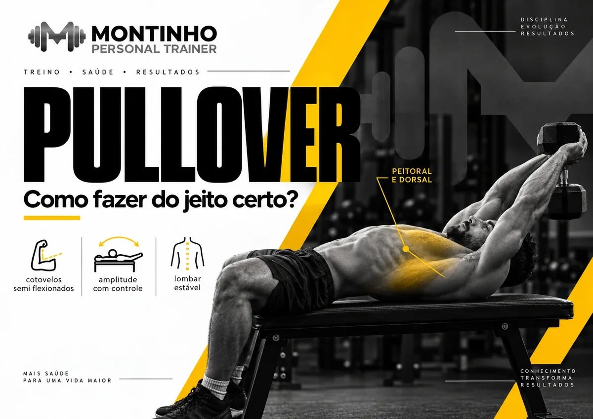 Arte da capa: homem deitado no banco executando o pullover com halter, com peitoral e dorsal destacados e os pontos cotovelos semiflexionados, amplitude com controle e lombar estável — pullover: como fazer do jeito certo — Personal por Perto