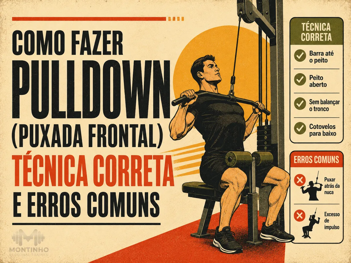 Arte da capa: ilustração da puxada frontal (pulldown) com a técnica correta e os erros comuns, como puxar atrás da nuca — Personal por Perto