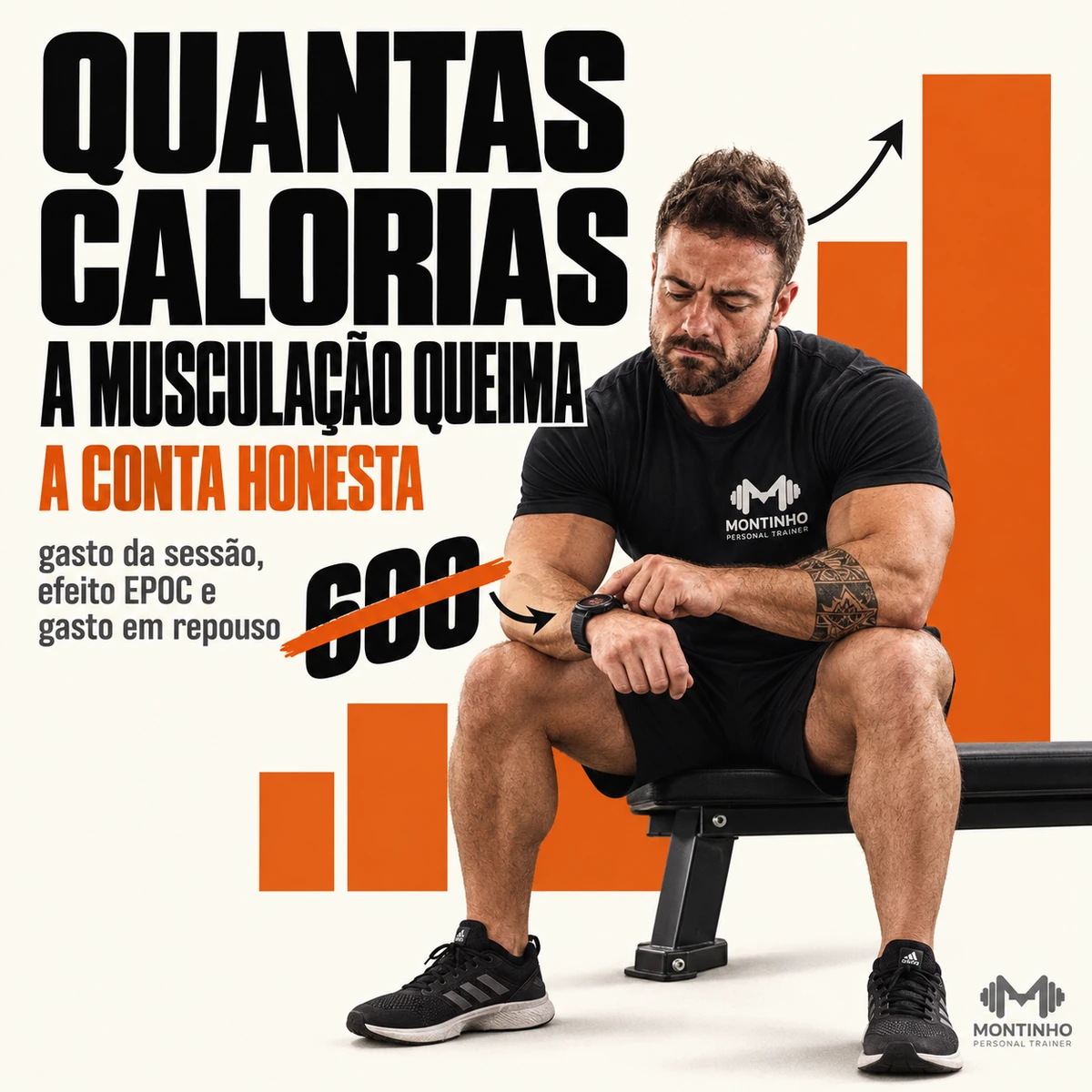 Arte da capa: personal trainer sentado no banco conferindo o relógio, com o número 600 riscado e um gráfico de barras ao lado — quantas calorias a musculação queima: a conta honesta — Personal por Perto