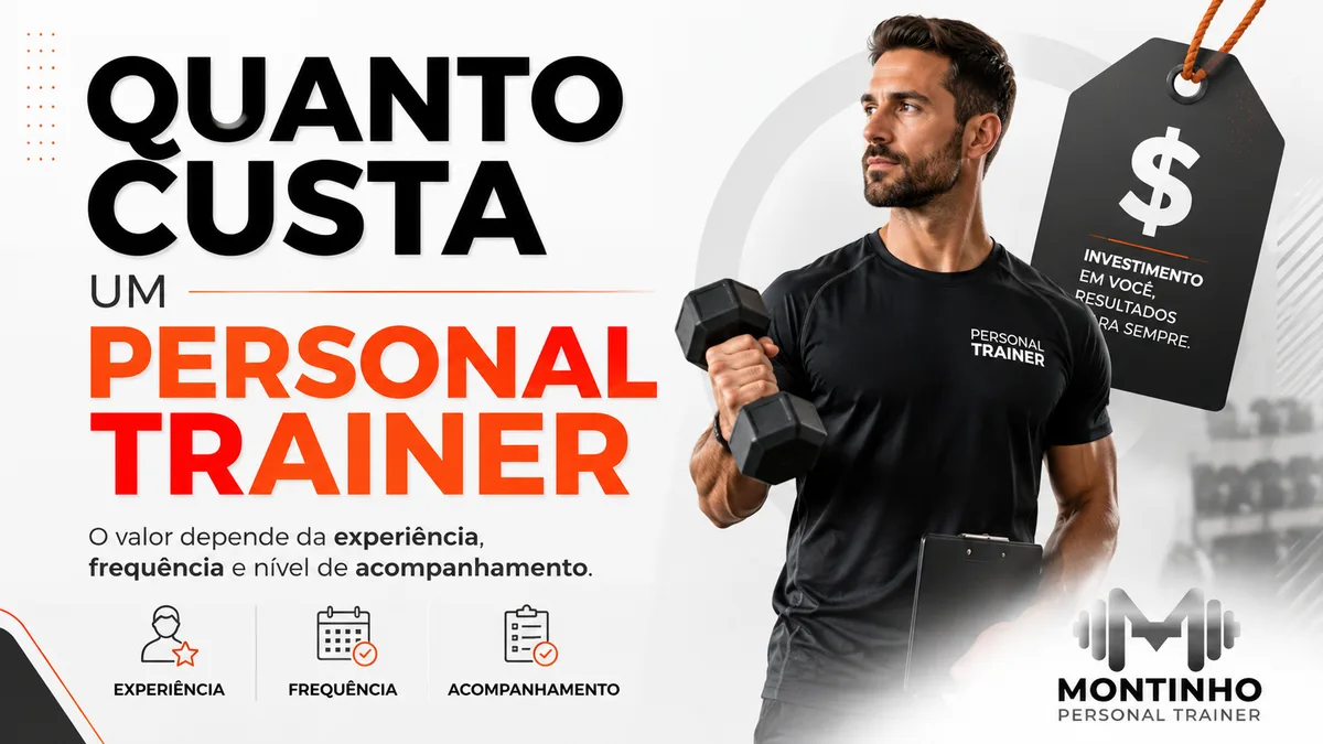 Personal trainer com halter e prancheta ao lado de uma etiqueta de preço, ilustrando o guia sobre quanto custa um personal trainer — Personal por Perto