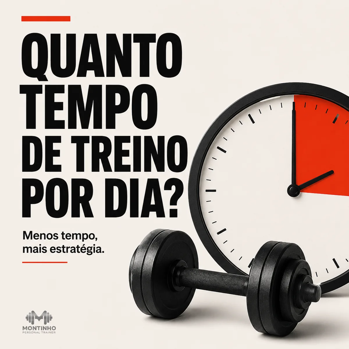 Arte da capa: relógio com uma fatia de tempo destacada ao lado de um halter — quanto tempo de treino por dia: menos tempo, mais estratégia — Personal por Perto