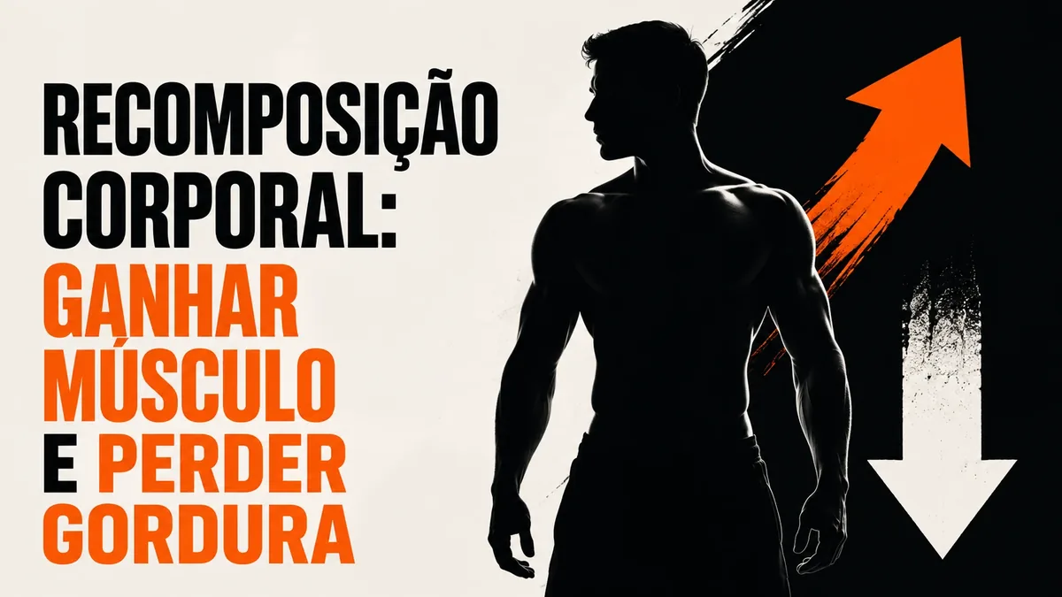 Arte da capa: silhueta de tronco definido entre uma seta para cima e outra para baixo — recomposição corporal: ganhar músculo e perder gordura ao mesmo tempo — Personal por Perto