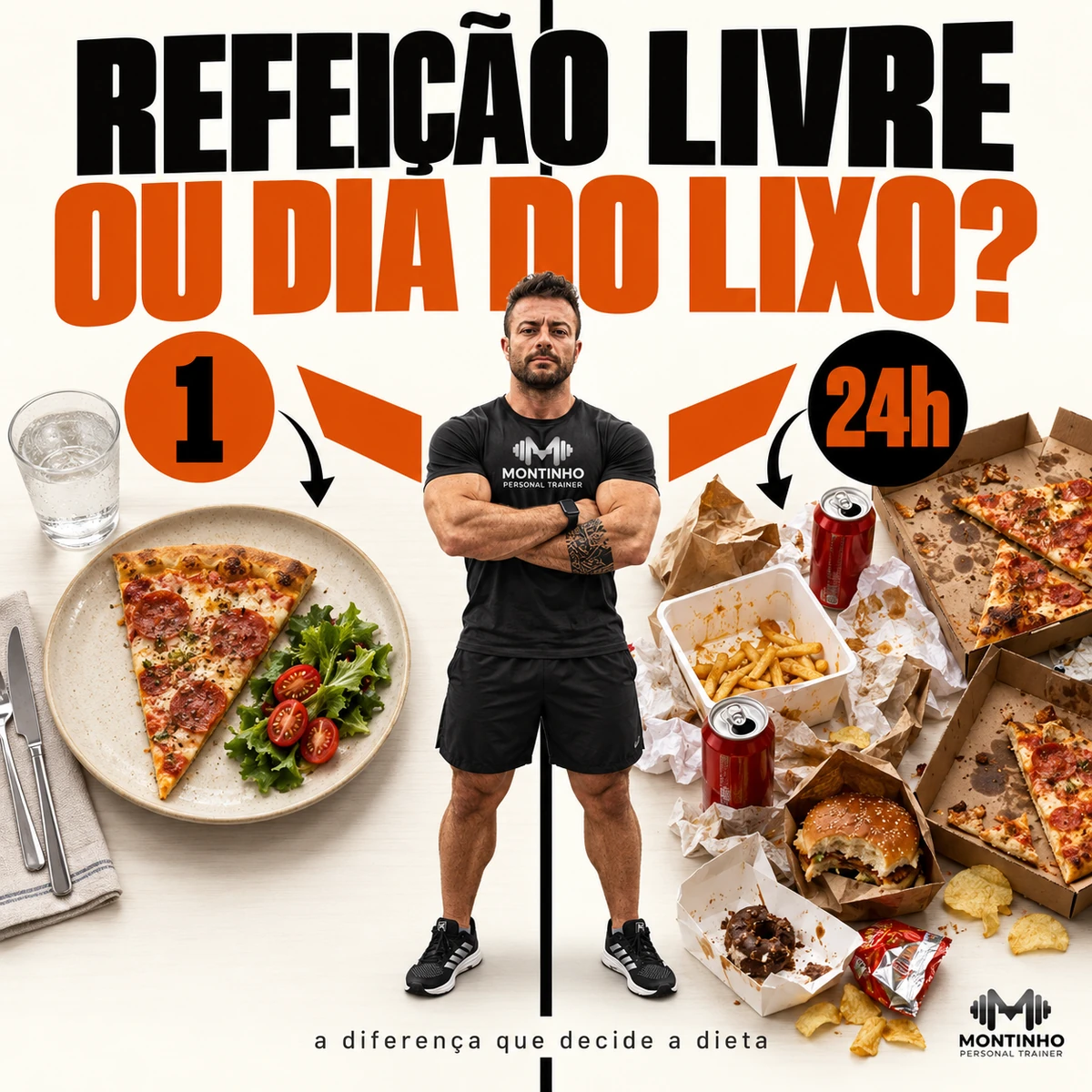 Arte da capa: comparação lado a lado entre um prato único servido com pizza e salada e uma mesa tomada por embalagens e sobras, com os selos 1 e 24h — refeição livre ou dia do lixo — Personal por Perto