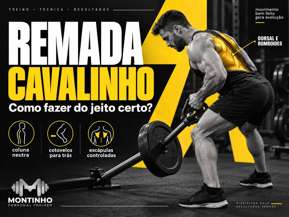 Arte da capa: homem executando a remada cavalinho com o tronco inclinado, com dorsal e romboides destacados e os pontos coluna neutra, cotovelos para trás e escápulas controladas — remada cavalinho: como fazer do jeito certo — Personal por Perto