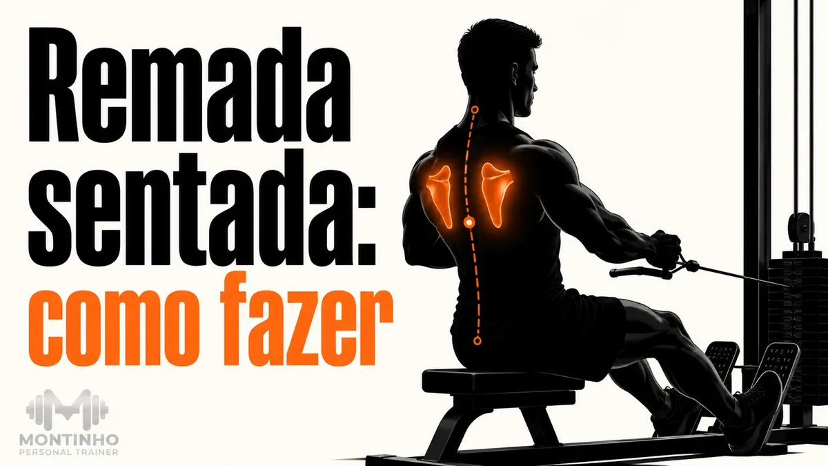 Arte da capa: silhueta na remada sentada com a musculatura das costas destacada e a coluna neutra — remada sentada: como fazer — Personal por Perto