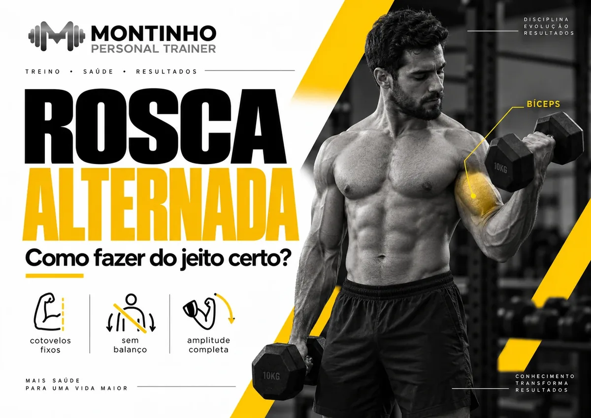 Arte da capa: homem executando a rosca alternada com halteres, com o bíceps destacado e os pontos cotovelos fixos, sem balanço e amplitude completa — rosca alternada: como fazer do jeito certo — Personal por Perto