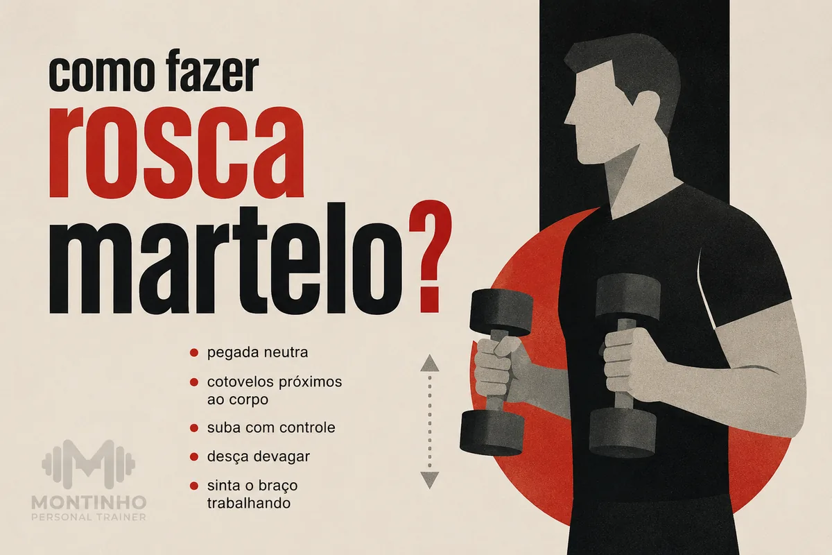 Arte da capa: ilustração da rosca martelo com pegada neutra, cotovelos junto ao corpo e subida controlada — Personal por Perto