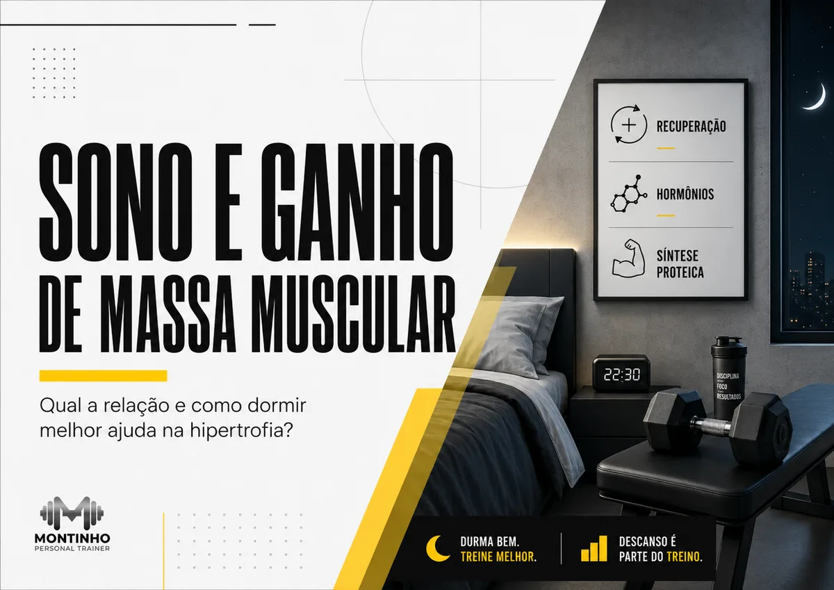 Capa do artigo Sono e ganho de massa muscular: quarto à noite com despertador marcando 22h30, halter ao pé da cama e quadro com recuperação, hormônios e síntese proteica — Personal por Perto