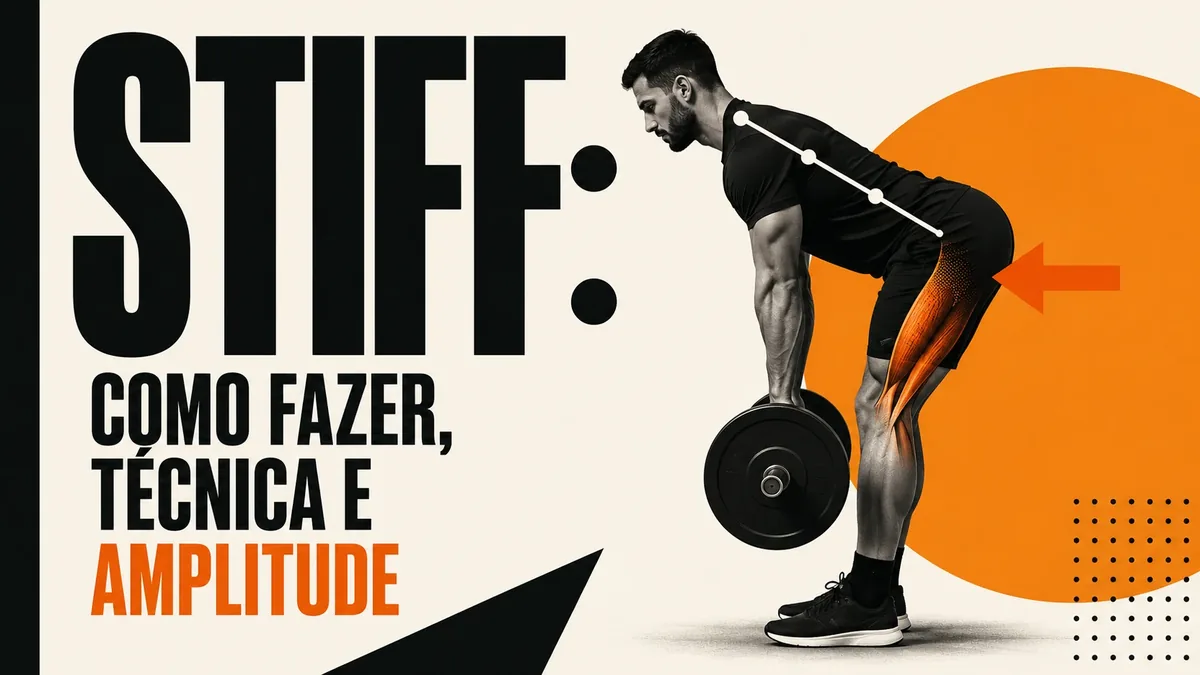 Arte da capa: silhueta executando o stiff com barra e o posterior de coxa destacado no alongamento — stiff: como fazer, técnica e amplitude — Personal por Perto