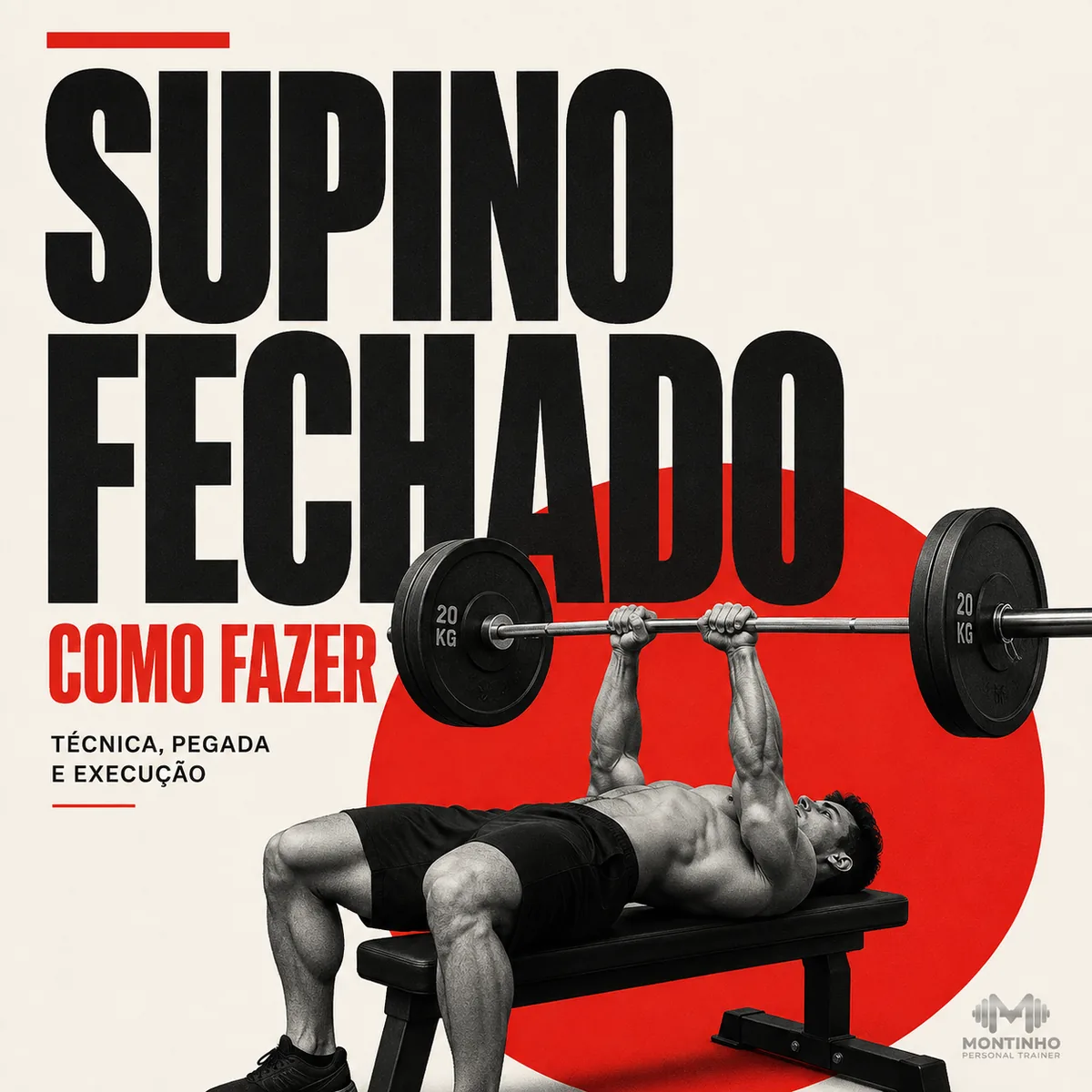 Arte da capa: homem deitado no banco executando o supino fechado com a pegada estreita na barra — supino fechado: como fazer, técnica, pegada e execução — Personal por Perto