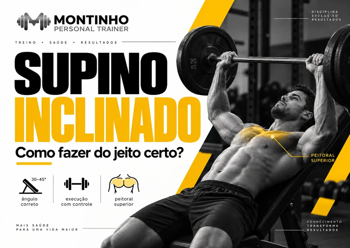 Arte da capa: homem no banco inclinado executando o supino com barra, com o peitoral superior destacado e os pontos ângulo de 30 a 45 graus, execução com controle e foco no peitoral superior — supino inclinado: como fazer do jeito certo — Personal por Perto